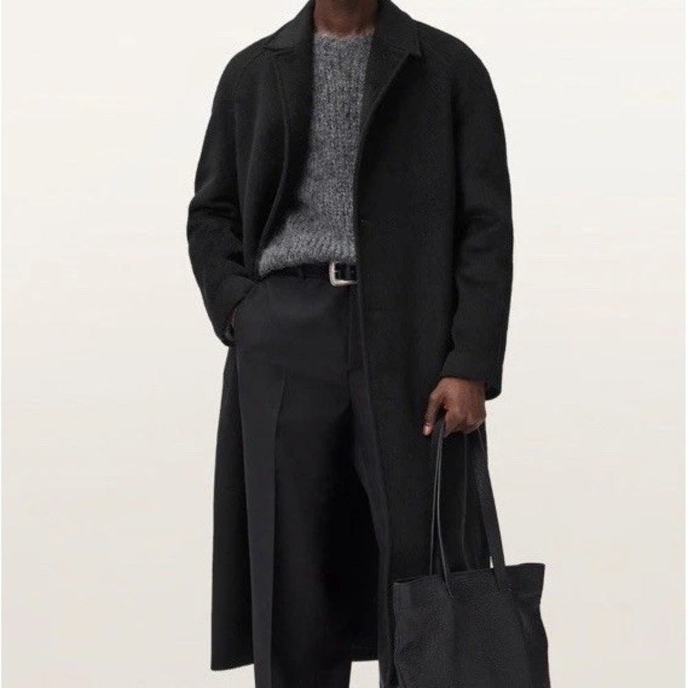 ALL SAINTS BLACK Wool Blend 2 Button Over Coat Medium Long - Picture 2 of 11